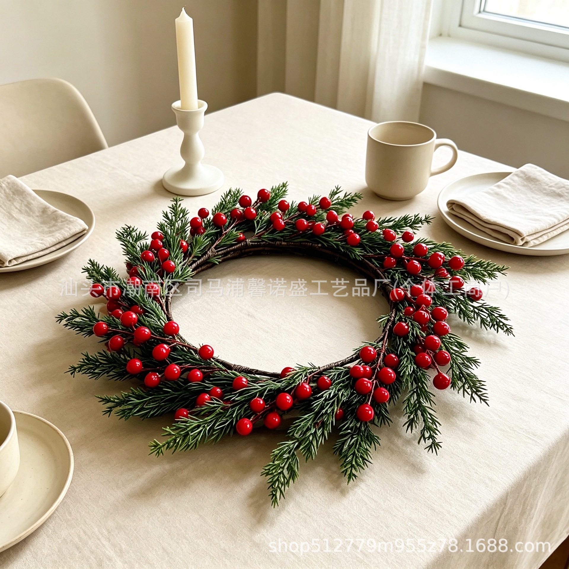 Amazon offers a variety of artificial pine needle Christmas wreaths and garlands, featuring red berries and green plants, for holiday decoration, door hangings, and tabletop ornaments