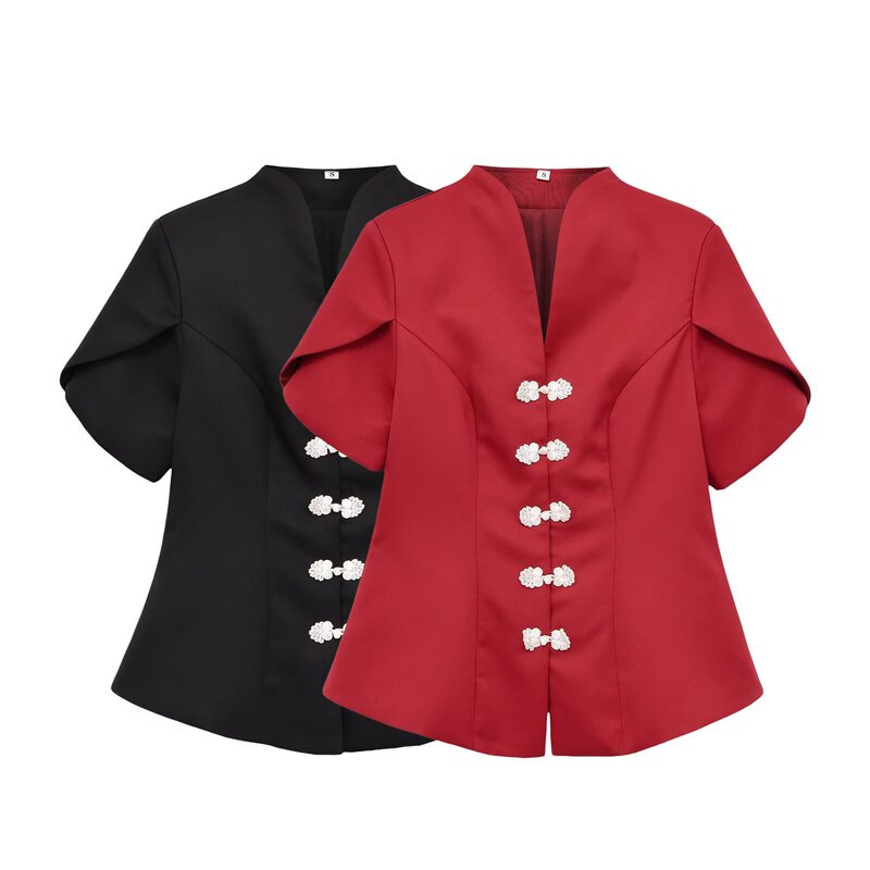 PB&ZA Autumn Women's Fashion Versatile Simple Design Stand Collar Short Sleeve Solid Color Buttoned Waist-Cinching Shirt
