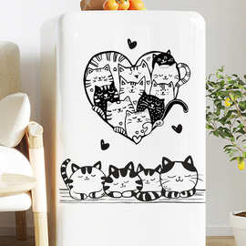 黑色线条爱心猫咪墙面可移除装饰贴画儿童房背景墙宠物墙贴代发