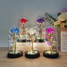 跨境金箔玫瑰花中号亚克力罩永生花仿真花母亲情人节礼物创意摆件