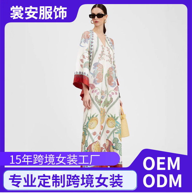 Cross-Border Foreign Trade Independent Station Amazon European and American New Summer Printed Three-Quarter Sleeve Stand Collar Dress Cross-Border Foreign Trade Independent Station Amazon European and American New Summer Printed Three-Quarter Sleeve Stand Collar Dress