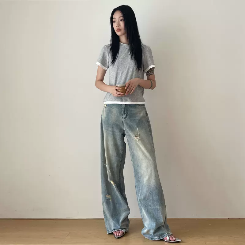 狸舍复古做旧破洞水洗磨破牛仔裤女宽松高腰显瘦直筒裤长裤拖地裤