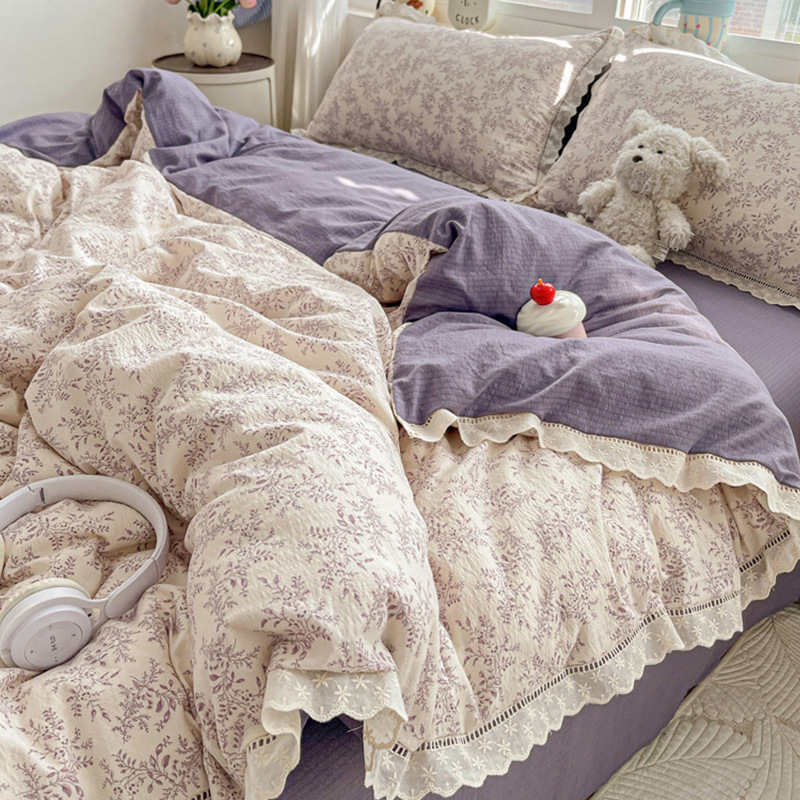 Cama de hilo de doble capa floral de clase A, juego de cuatro piezas, sábanas de algodón de algodón, funda de edredón, ropa de cama, dormitorio de estudiantes, juego de tres piezas 4