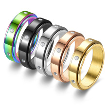 亚马逊爆款 不锈钢情侣戒指 镶钻旋转可转动男士指环钛钢素圈戒指