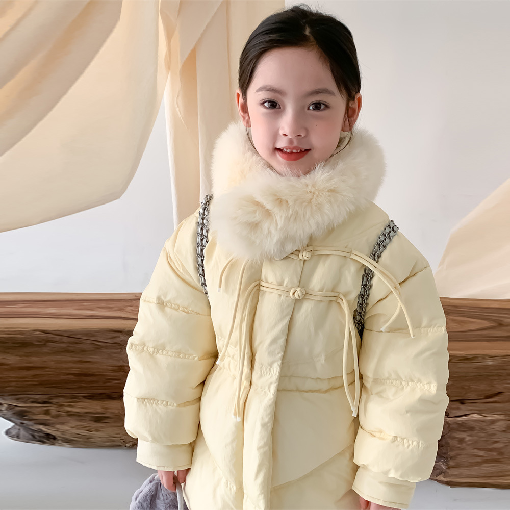 女童羽绒服2023冬季女宝毛领90白鸭绒外套儿童盘扣中长款收腰外套