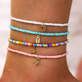 European and American Cross-border Multi-layer Hand-woven Beaded Ethnic Style Moon Star Lock Cactus Rice Beads 4-piece Anklet