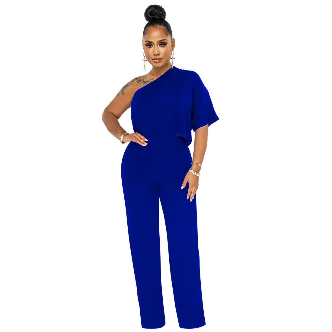 K10137 fábrica directa de pelo Amazon mujeres europeas y americanas color sólido cintura abierta un hombro pantalones casuales backless manga corta mono