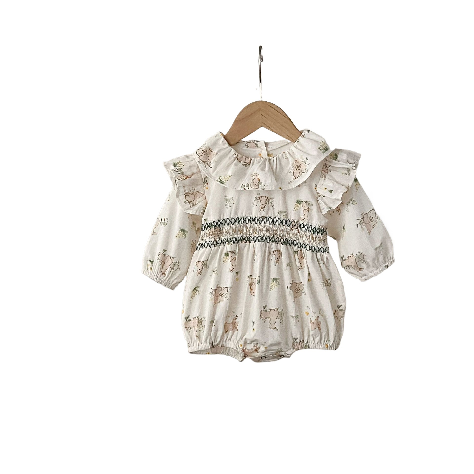 INS estilo coreano bebé de algodón plegable conejo impreso volando manga mameluco recién nacido suelta mono mameluco