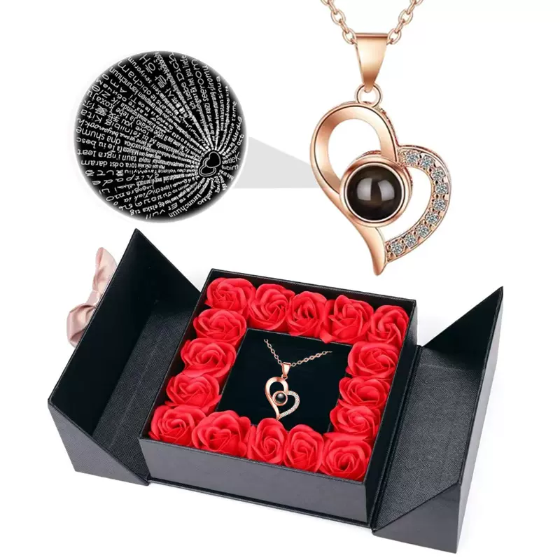 跨境欧美100种语言项链投影水晶我爱你桃心吊坠玫瑰花情人节礼物