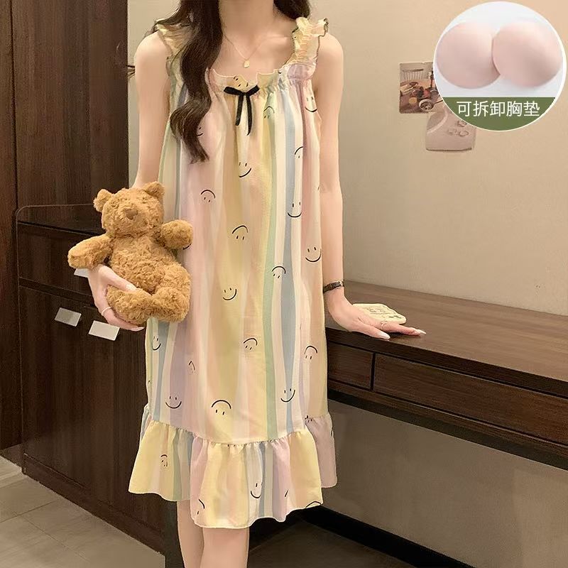Venta al por mayor transfronteriza con almohadilla para el pecho pijamas para mujer verano espuma camisón camisón ropa a domicilio dulce y linda almohadilla para el pecho desmontable