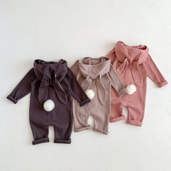 ins Korean style girls long-sleeved threaded pit strip one-piece romper boys autumn open button rabbit hooded outdoor romper