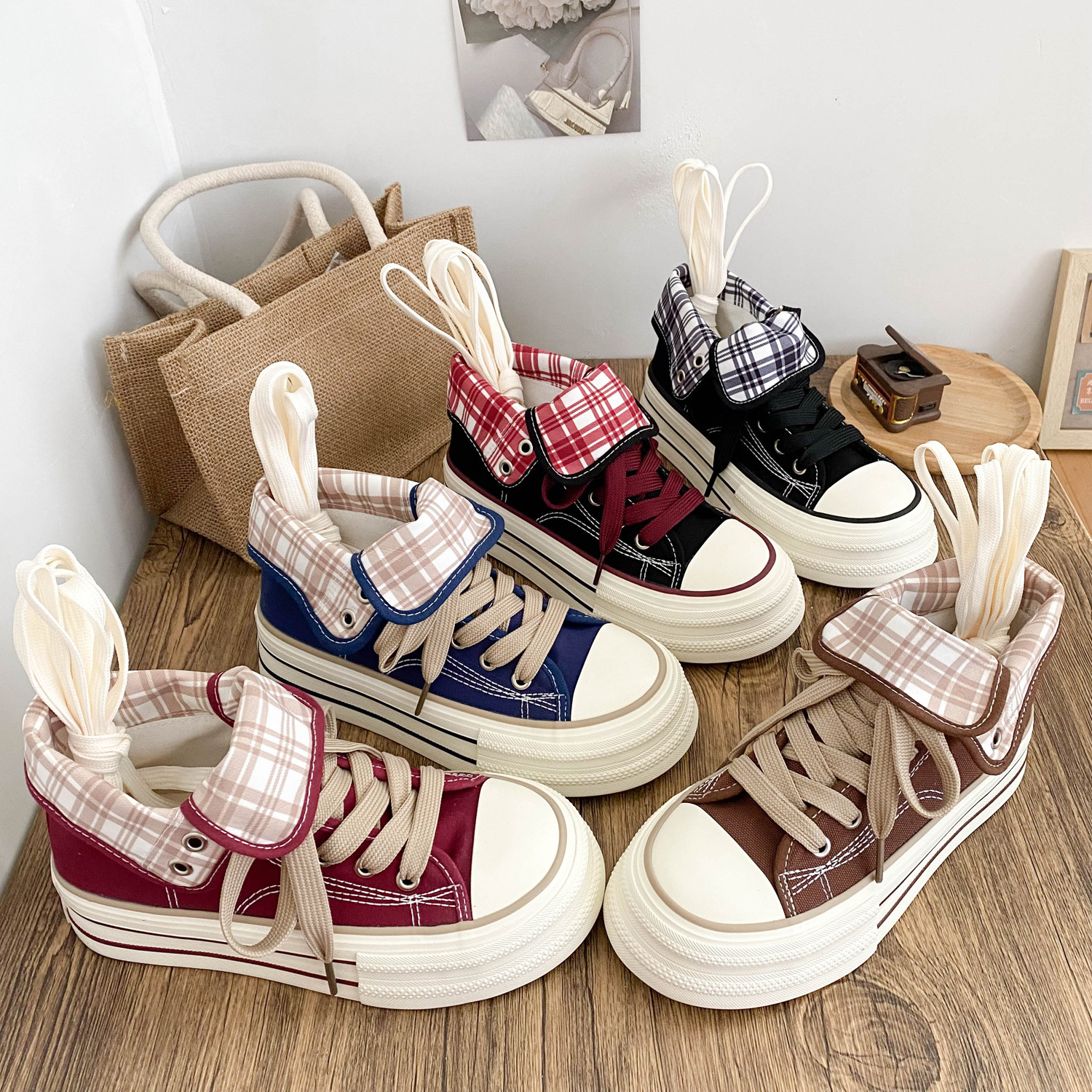 H 76.15kg Lace-Up Two-Way Wear Thick-Soled High-Top Canvas Shoes for Women, Super Popular Model, 2025 Autumn New Sneakers