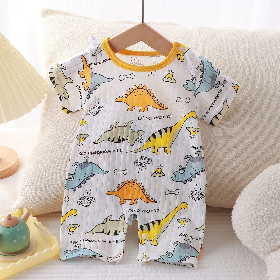 Baby short-sleeve bodysuit, cotton summer romper, sizes 59–90 cm, dinosaur & solid prints