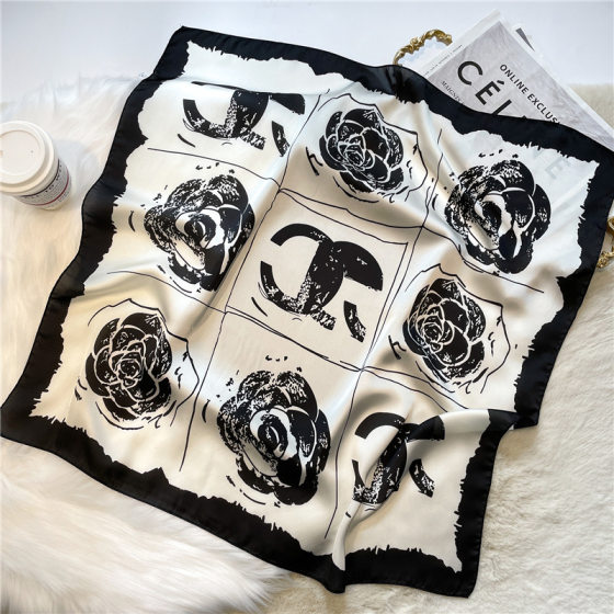 Small Xiangfeng Scarf Square Scarf Black and White Professional Scarf Satin Imitation Silk Scarf New Printed Hair Scarf Wholesale 70