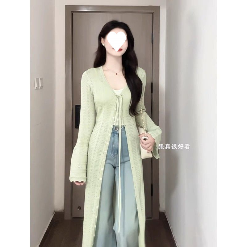 绿色领镂空,纯色好看针织开衫外套女夏季薄款外搭长款防晒空调衫|undefined