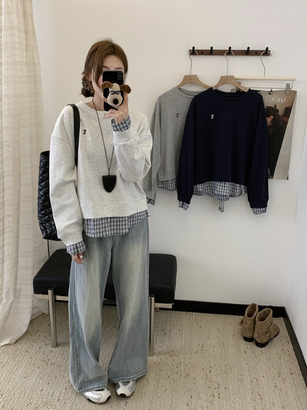 3603长袖假两件卫衣女2025秋圆领格子韩版宽松长袖上衣女韩国卫衣|undefined