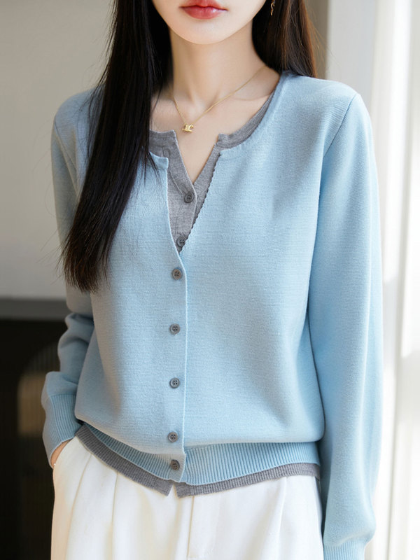 【厂家直供】圆领假两件针织外套毛衣女秋季新款宽松减龄外搭上衣|undefined