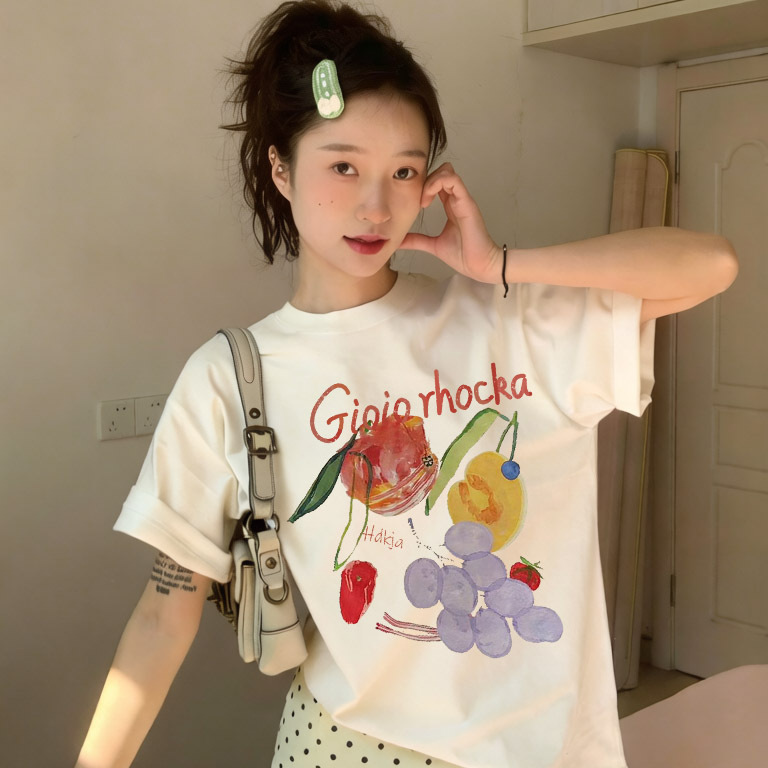 Pure Cotton Large Size Straight Shoulder Short-Sleeved T-Shirt for Women 2026 New Spring and Summer Design Creative Printed Loose Top