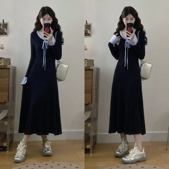 大码法式蝴蝶结系带针织连衣裙女2025秋冬胖mm设计感拼接边长裙子|undefined