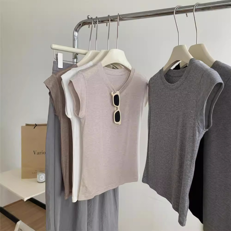 Summer New Round Neck Small Flying Sleeve T-shirt for Girls Thin Slim Fit Right Shoulder Short-sleeved Bottoming Top for Small People Summer New Round Neck Small Flying Sleeve T-shirt for Girls Thin Slim Fit Right Shoulder Short-sleeved Bottoming Top for Small People