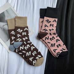 22秋冬M字母提花加厚運動潮牌中筒襪復古個性女襪