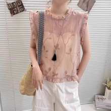 2025夏季新款韩版甜美刺绣薄款无袖衬衫女百搭减龄小个子小衫上衣