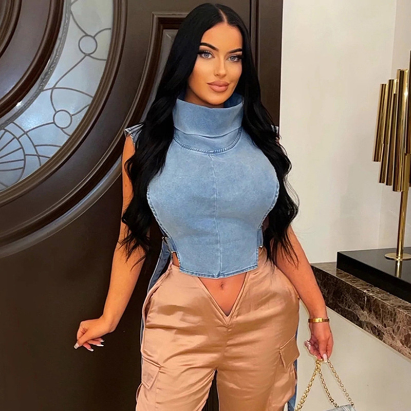 9189Td Nazada Women's 2024 New Amazon Denim Washed Pile Collar Sleeveless Workwear Short Vest for Women