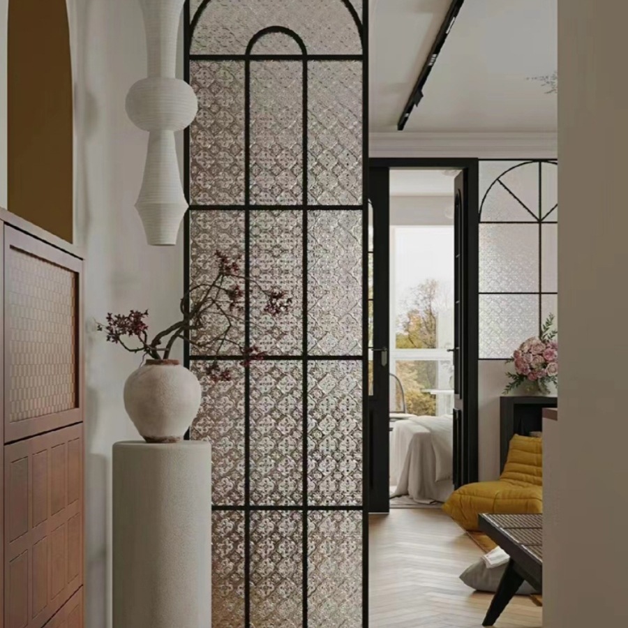 French Retro Entrance Hall, Mid-Century Style Arched Entrance Partition, Begonia Flower Glass Screen, Bathroom Shielding