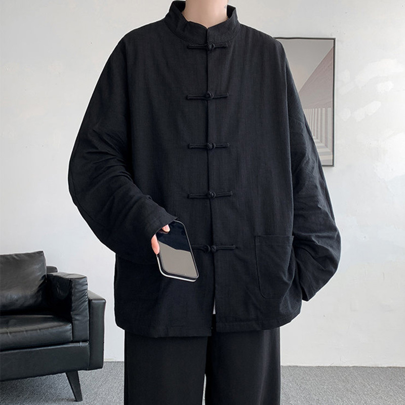 Camisa de lino Traje Tang para hombre Estilo chino de manga larga de algodón y lino para hombre Túnica china Hanfu Nuevo abrigo de chaqueta de té chino