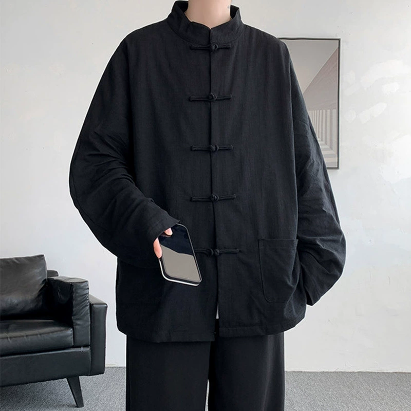 Льняная рубашка Тан костюм мужской китайский стиль с длинными рукавами, хлопок и конопля мужской костюм