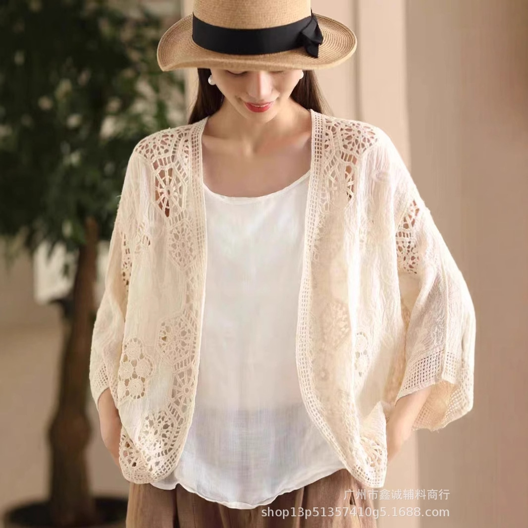 Retro industria pesada hueco gancho diseño sensación de vestir cardigan de punto de verano de mujeres temperamento superior bordado blusa image 3