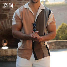 跨境外贸2025夏 男装新款短袖开衫条纹休闲欧美翻领T恤印花衬衫男