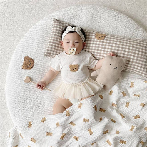 Ins style pure cotton baby plaid bear embroidery bedside pillow sofa pillow baby pillow with core removable and washable