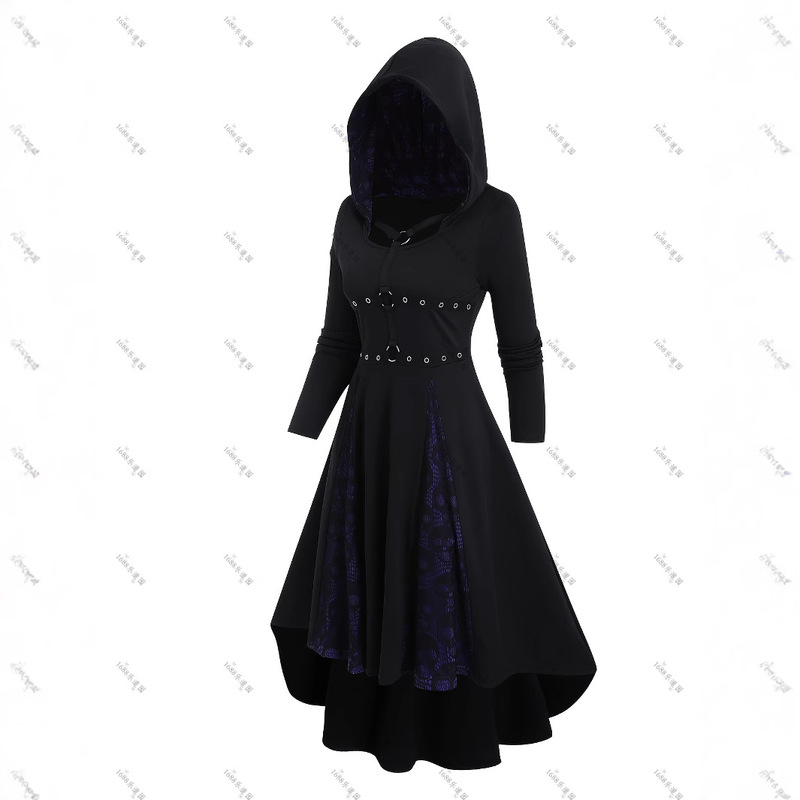 European and American Skull Lace Stitching O-ring Guckle Decoration Hooded dress Contrast Color Long Sleeve High and Low Dress