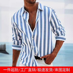 春と秋のアマゾン AliExpress ヨーロッパとアメリカの国境を越えた新しいメンズ先染めストライプカジュアルルーズ長袖シャツ