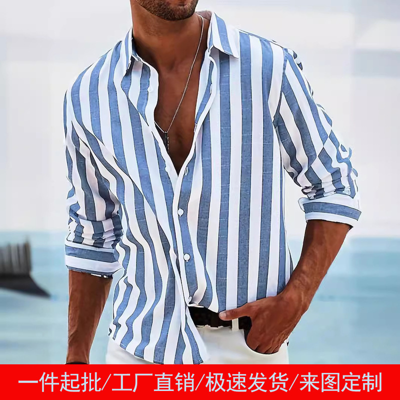 Spring and Autumn Amazon AliExpress European and American Cross-border New Men's Yarn-dyed Striped Casual Loose Long-sleeved Shirt