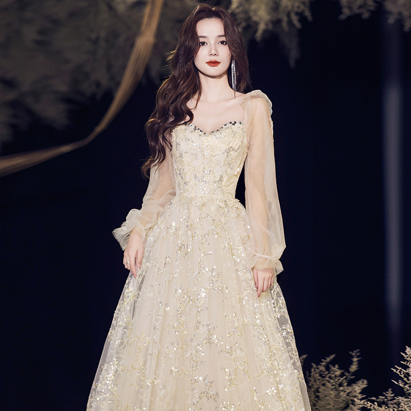 Champagne-Colored Evening Dress for Women, High-End Banquet Style, Elegant Hostess Fairy-Like Dinner Party Annual Meeting Dress, Spring Long-Sleeved