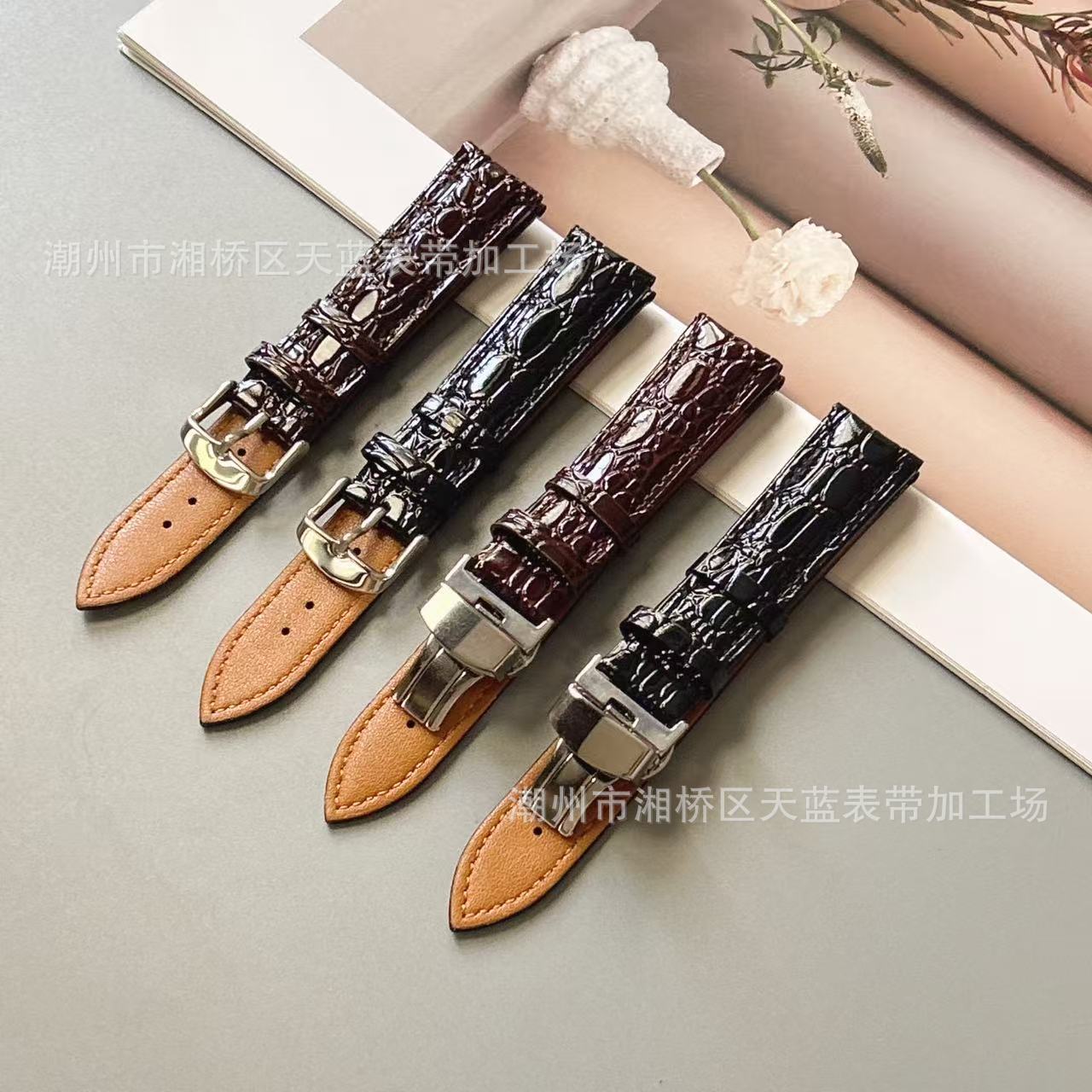 In-stock factory wholesale stone-pattern watch strap, top-layer cowhide, pin buckle, butterfly clasp, genuine leather watch strap with patent leather finish