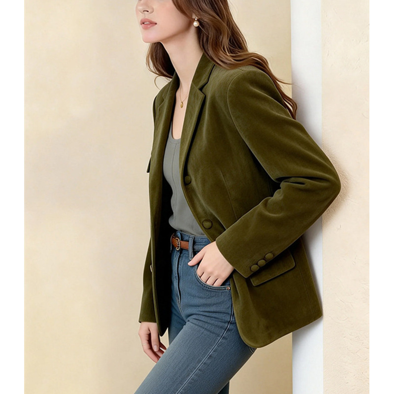 Elegant and Versatile Army Green Suede 2026 Spring and Autumn New Style Chanel-Inspired Fashionable French Short Blazer for Women