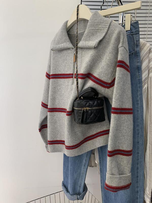 Polo Collar Half Zipper Stripesd Knitwear Women's Spring and Winter Lazy Style Knitted Knitwear Pullover Knitted Sweatshirt 2025 New Style Polo Collar Half Zipper Stripesd Knitwear Women's Spring and Winter Lazy Style Knitted Knitwear Pullover Knitted Sweatshirt 2025 New Style