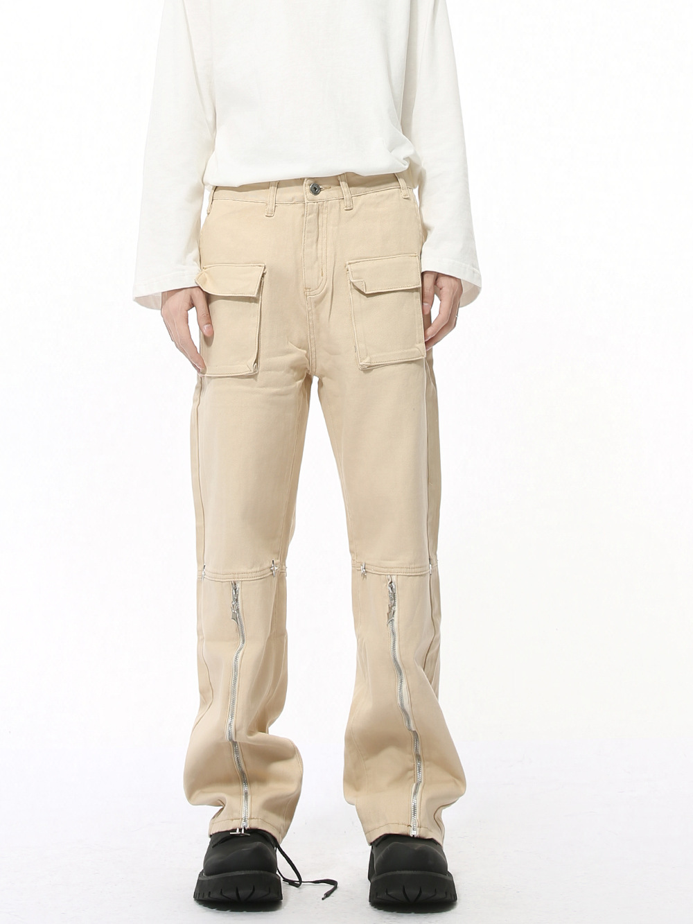 MTLCLOTHES Hombres| Cuatro temporadas nuevos productos de nicho Zhong Zipper empalme diseño de metal Zhong Zhong Jeans