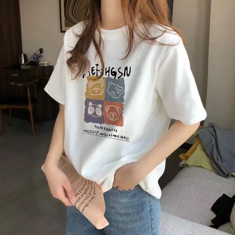 正肩纯棉短袖t恤女夏季薄款年新款宽松白色t桖显瘦半袖上衣潮|undefined