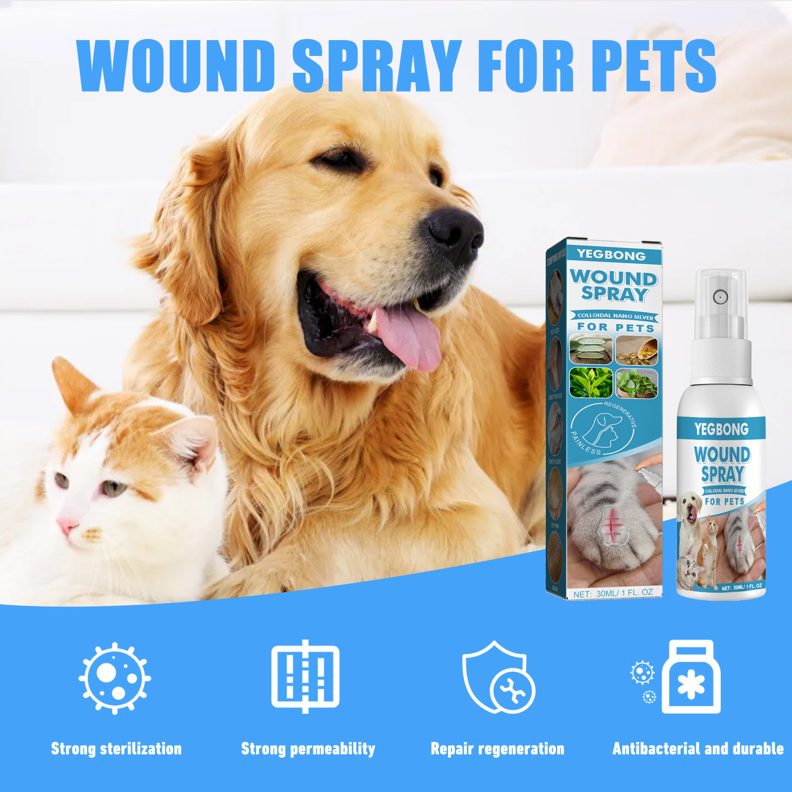 Yegbong Pet Wound Spray Dog and Cat Skin Rash and Scratch Wound Treatment and Care Spray