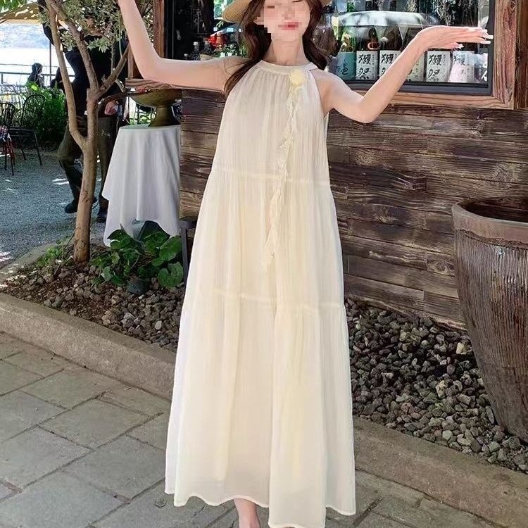 Đầm maxi nữ thắt eo phong cách Pháp hoa nhẹ nhàng không tay dáng dài mùa hè — màu xanh nhạt, màu trắng, Vàng nhạt, màu mơ chi tiết 4