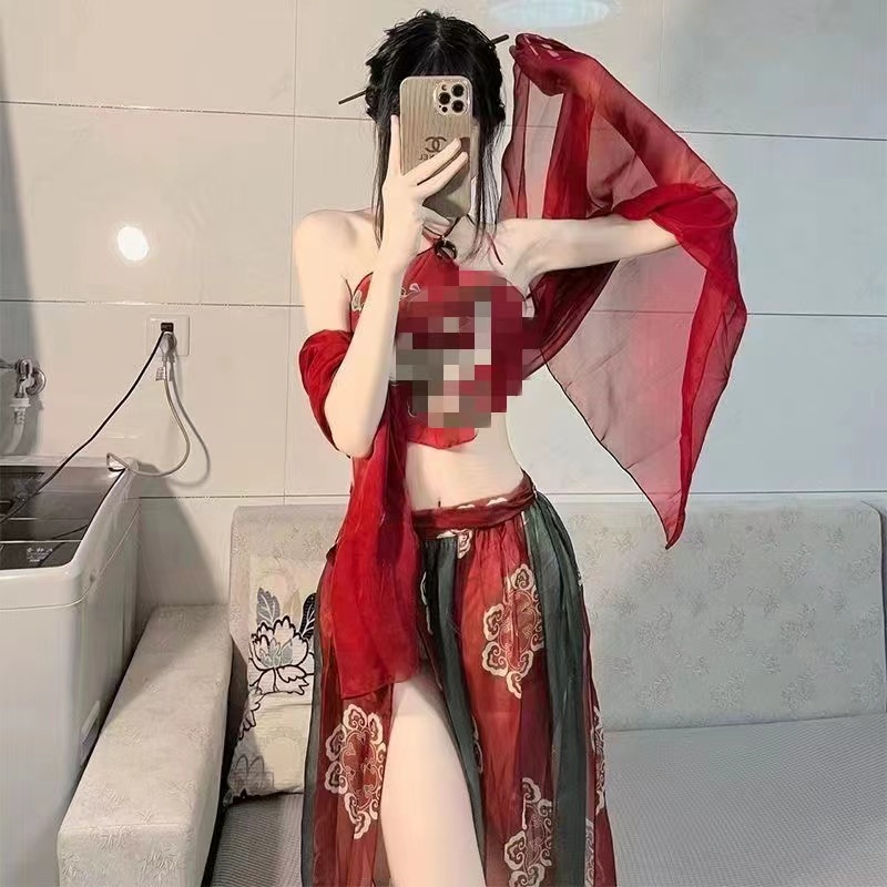 Dunhuang Phoenix Feitian Printed Belly Dance Costume Set with Shawl, Dudou, Skirt and Thong — detail image 4