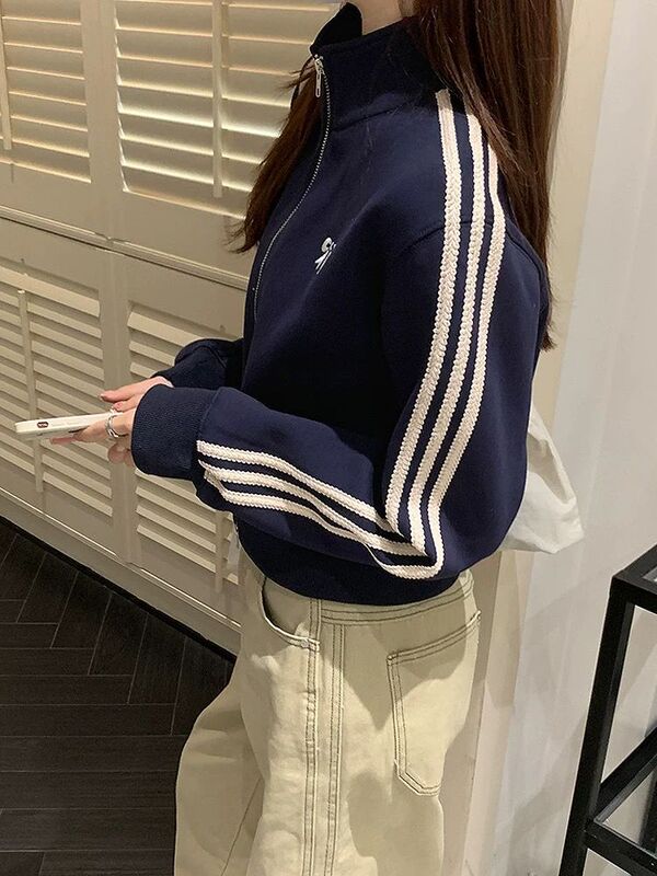 跨境美式条杠卫衣外套女2025秋季款休闲百搭夹克开衫棒球服小个子|undefined