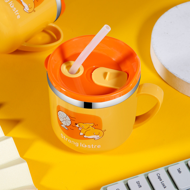 316 Stainless Steel Children's Water Cup Kindergarten Baby Milk Cup Double Insulation Straw Cup Drinking Gift Cup