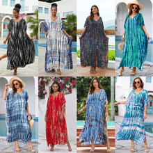 2024新款欧美人棉水印印花沙滩罩衫宽松长袍式度假防晒衫泳衣罩衫