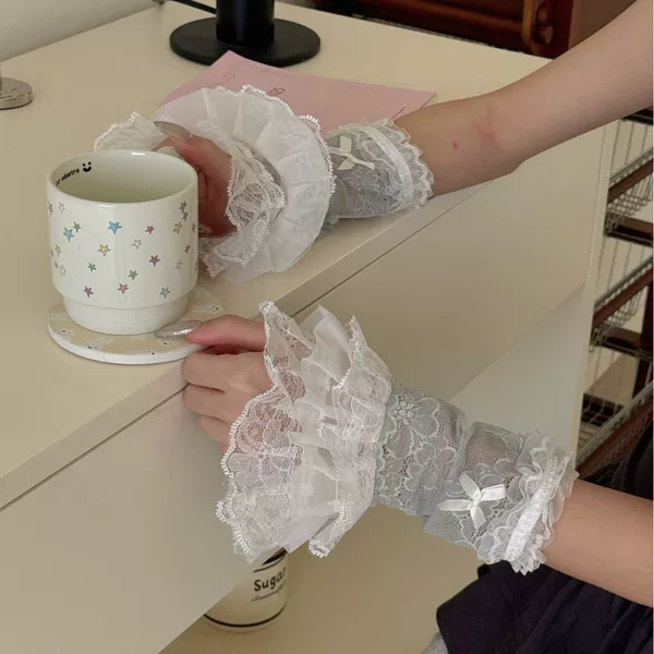 Spring and Summer New Sweet and Spicy Style Solid Color Lace Sleeves Bow Glitter Diamond Versatile Sun Protection Decorative Gloves