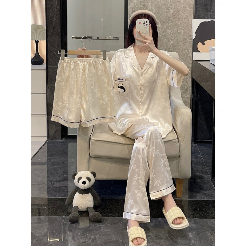 2025년 신상 여성용 여름 잠옷, 얇은 반팔 긴바지, 아이스 실크 인스 스타일 팬더 3피스 홈웨어 세트